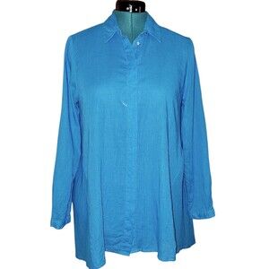Chaus Sport Women's Sz M Turquoise Linen Blend Long sleeve Roll button-up shirt